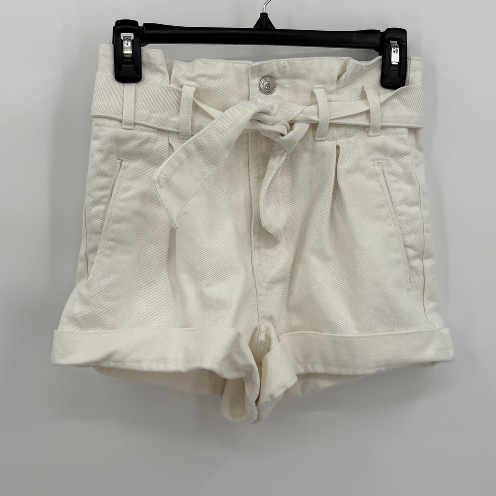 Forever 21 Off White Paperbag Waist Denim Shorts High Rise Belted Size 26